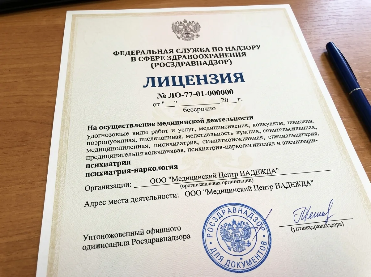 Лицензия Росздравнадзора на медицинскую деятельность — официальный бланк с печатью, наркология и психиатрия
