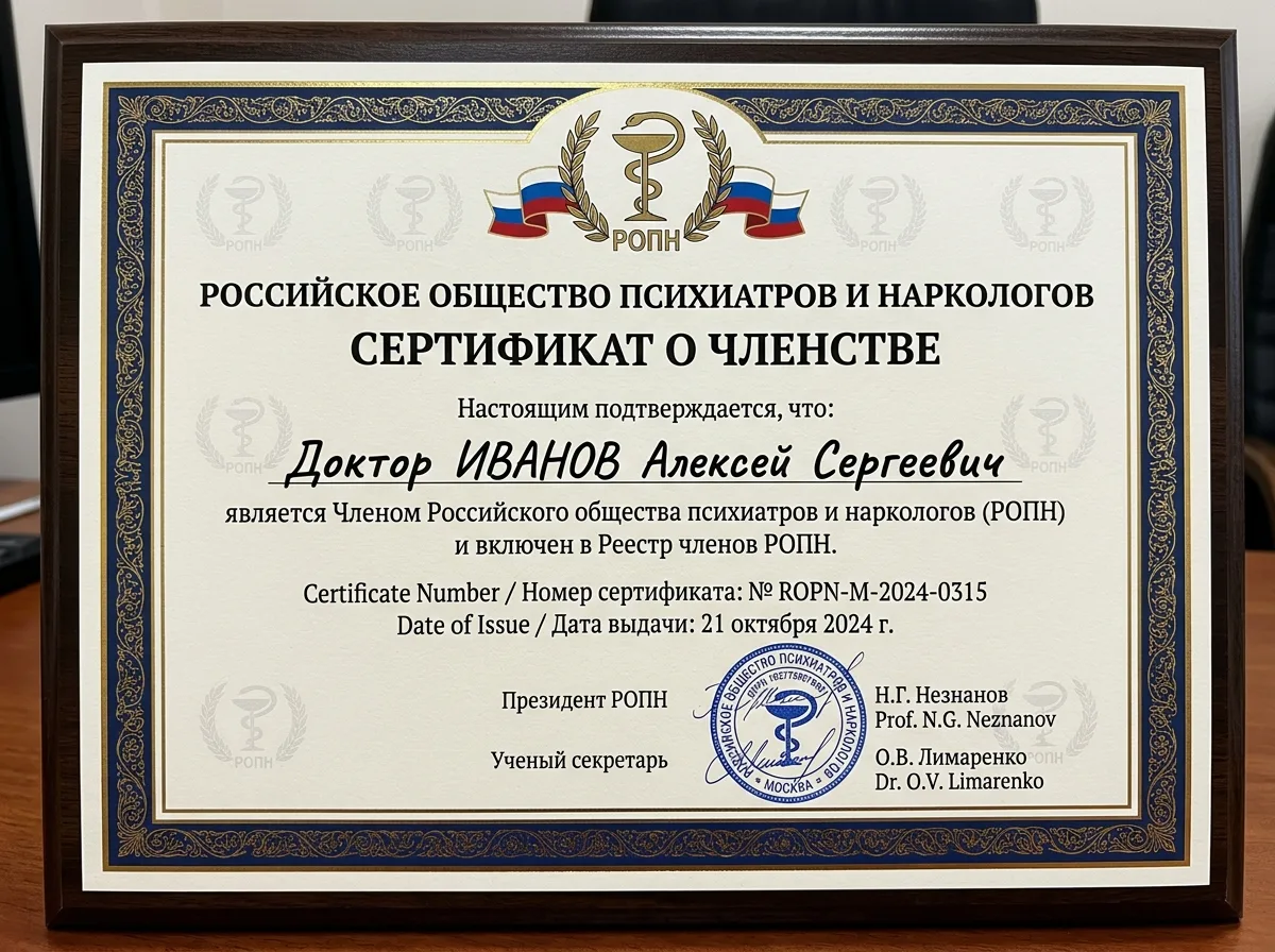 Свидетельство о членстве в Российском обществе психиатров и наркологов — официальный документ организации